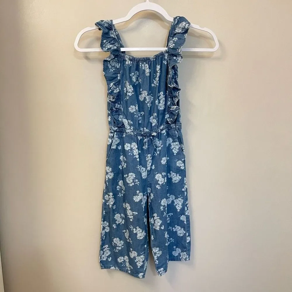 OshKosh Girls Ruffled Chambray Floral Jumper Sz 4T